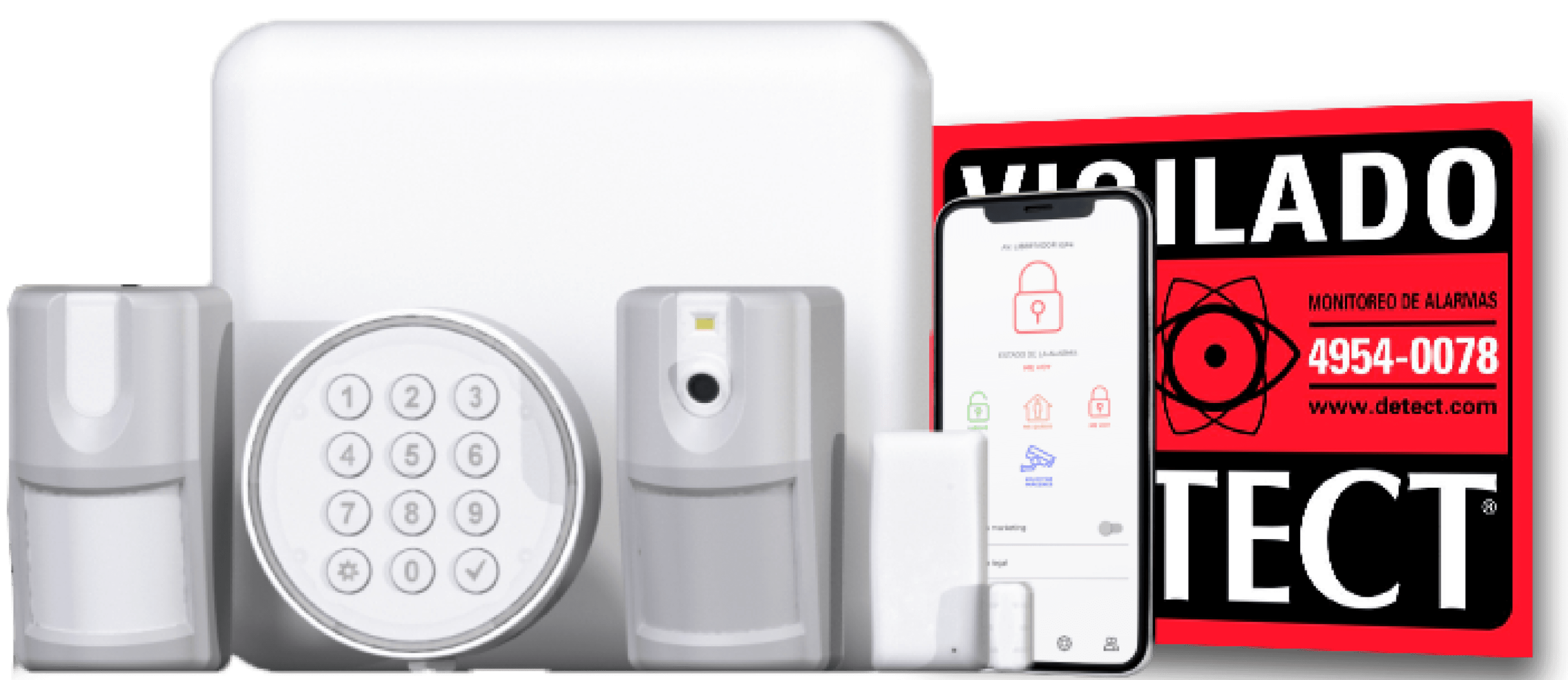 Equipos DETECT: central, sensor de movimiento, teclado, sensor con cámara, sensor de puertas, app Mi Detect y cartel disuasivo